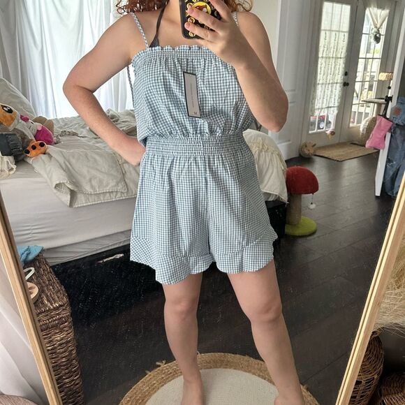 Goodnight Macaroon Gingham Tie Strap Ruffled Romper Blue White - Picture 6 of 7